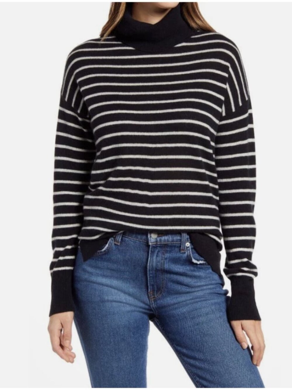 Nordstrom 100% Cashmere Black White Stripe Turtleneck Sweater Woman's Size XL
